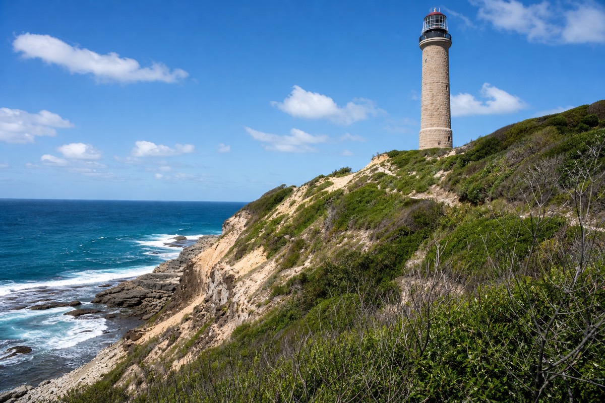 The historic sandstone Cape Moreton Lighthouse on a coastal headland