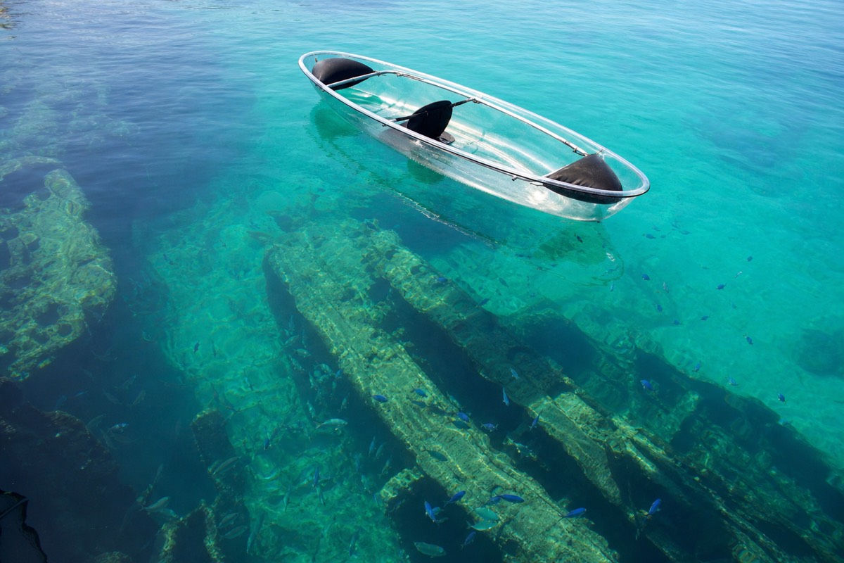 A clear kayak over the Tangalooma Wrecks