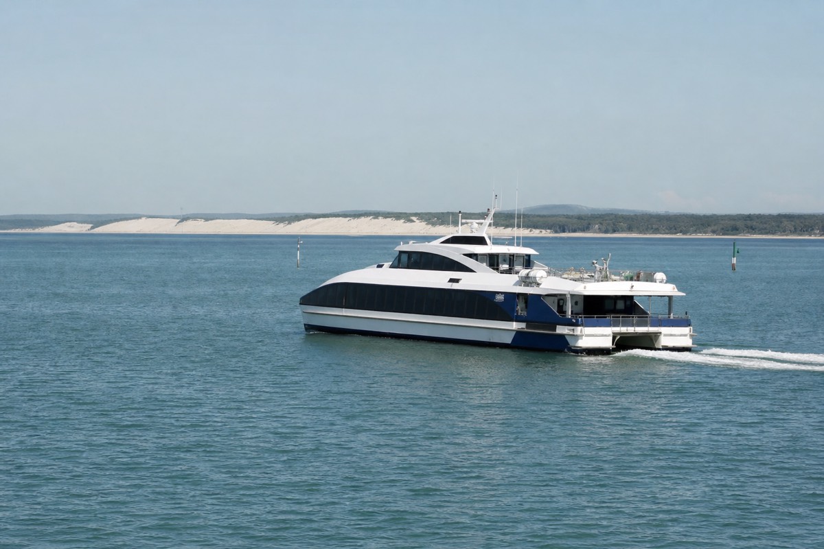A passenger catamaran ferry crossing toward Moreton Island