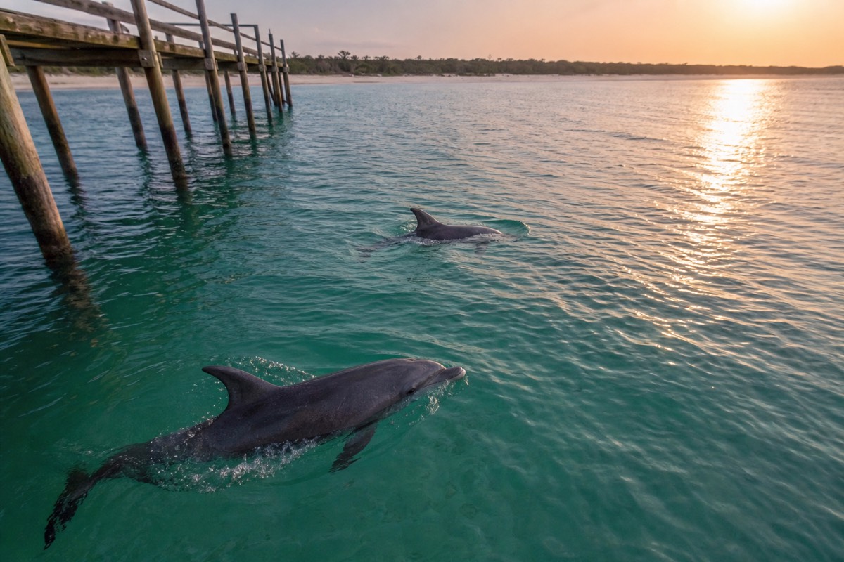 Wild bottlenose dolphins in the shallows near the jetty at Tangalooma at dusk